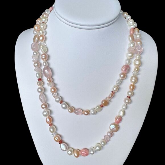 Vintage Honora 40" Pearl & Gemstone Necklace & Bracelet Set Pink Rhodochrosite - Picture 3 of 16